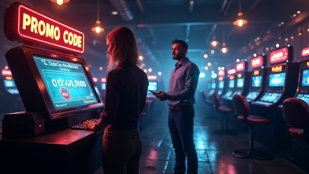 Casino player viewing a glowing promo code screen beside neon bonus signage