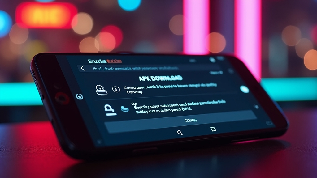Android phone showing APK download and installation steps beside casino-style neon lighting