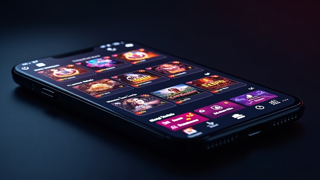 Casino app lobby on a phone with game tiles, account tools, and promo cards