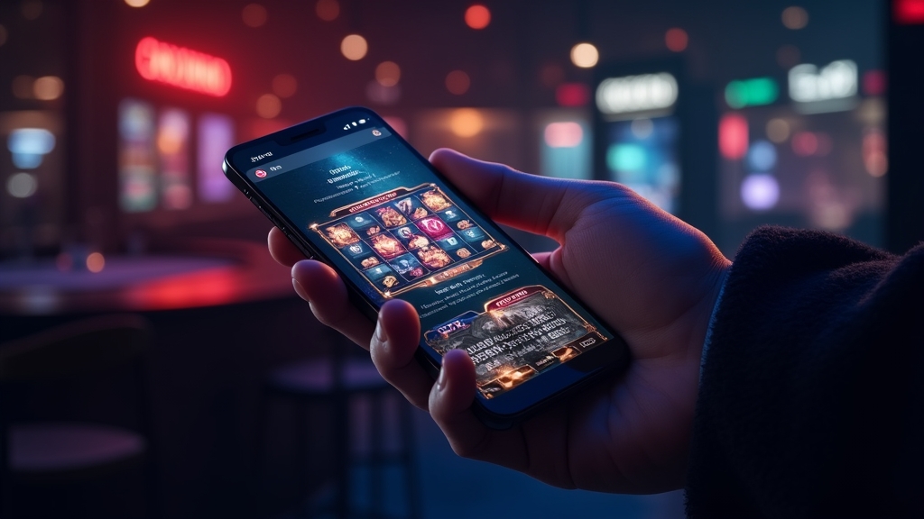 Android phone showing a glowing casino app lobby in a dark neon setting