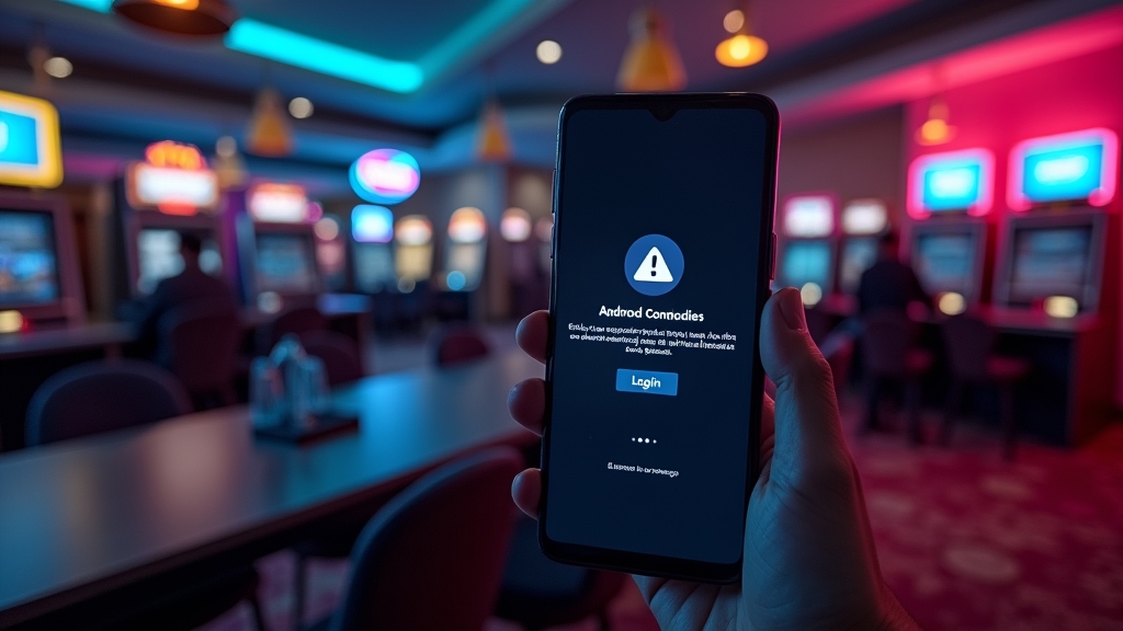 Android phone showing installation and login error warnings with casino-style neon lighting