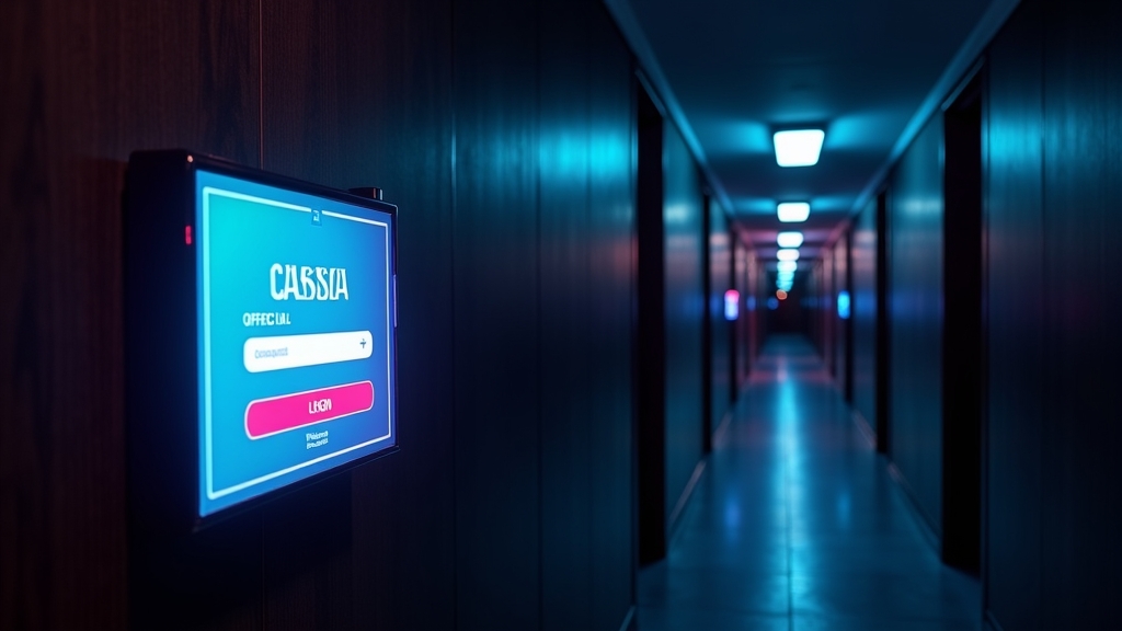 A secure casino login screen contrasted with a suspicious duplicate page in a dark hallway
